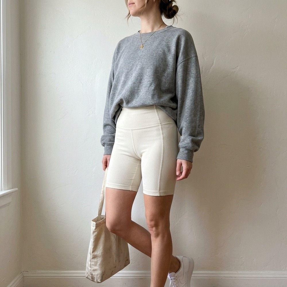 Lululemon Ribbed Contoured High-Rise Short 8" Womens 2 Light Ivory Biker Yoga